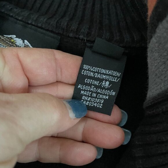 Harley Davidson Men Quarter Zip Mock Neck Sweater Three Stripe Black and Orange - Picture 8 of 11